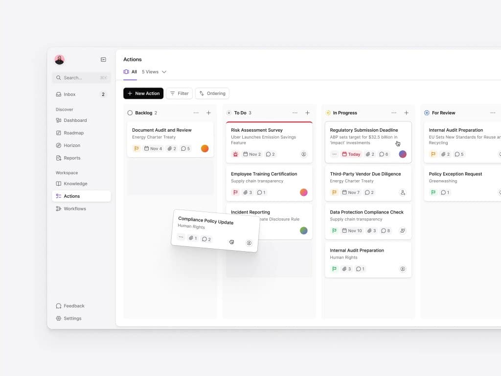 Humoze kanban board showing notes organised by status